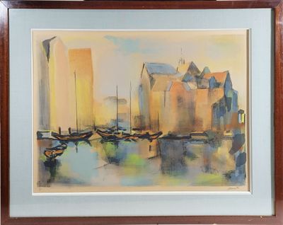 a painting of a harbor scene with boats in the water