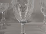 several empty wine glasses sitting on top of a table next to each other