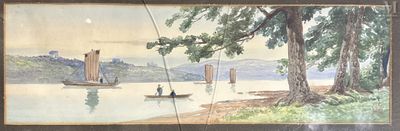 une image d'un tableau représentant un bateau sur l'eau