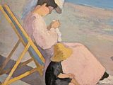 un tableau représentant une femme assise sur une chaise longue avec un chat