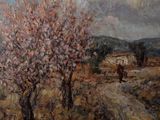 a painting of a man riding a horse on a dirt road