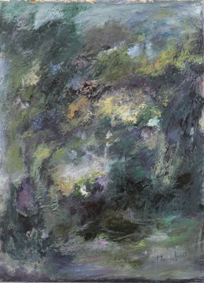 une peinture à l'huile représentant un paysage aux tons verts et violets, avec des arbres