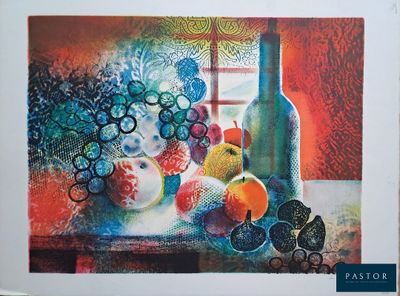tableau représentant une nature morte composée de fruits et d'une bouteille posés sur une table