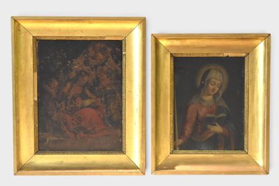 two framed paintings of a woman holding a cat and a man holding a dog
