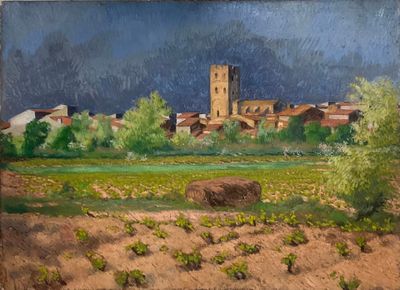peinture représentant un paysage avec un château au loin