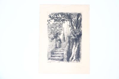 un dessin en noir et blanc représentant un arbre et un escalier