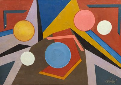 abstract painting of geometric shapes and colors on a brown background