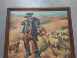 painting of a man with a dog and a flock of sheep