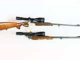 two rifles are shown side by side on a white surface