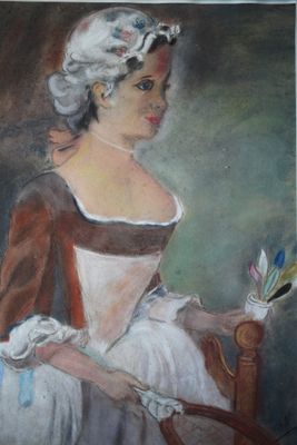 tableau représentant une femme assise sur une chaise, une plume à la main