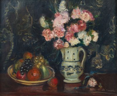 une peinture représentant un vase de fleurs et de fruits sur une table