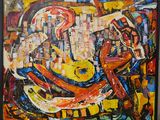 tableau représentant une peinture abstraite colorée, encadrée d'un cadre noir, accrochée au mur