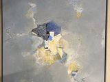 an oil painting of a dog with a blue hat and a yellow shirt
