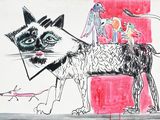 un dessin représentant un chat et un chien assis sur une chaise rouge