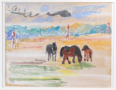 a painting of a group of horses walking on the beach
