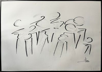 un dessin représentant un groupe de personnes sur une feuille de papier