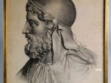 un vieux dessin représentant un homme avec un chapeau et une barbe