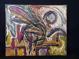 peinture abstraite représentant un coq posé sur une table, sur fond noir