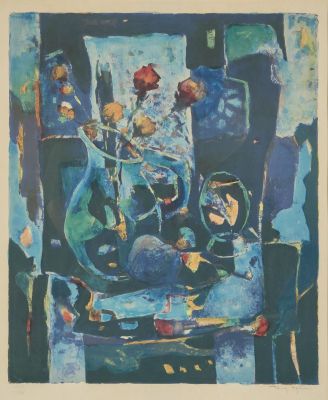 an image of a painting of a man sitting at a table with flowers in a vase