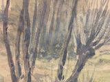 a watercolor painting of some trees in a field