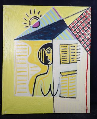 un tableau représentant une femme avec un parapluie sur fond noir
