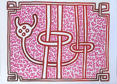 dessin en rouge et blanc représentant un chat dans une cage, sur fond rose
