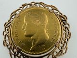 a close up of a gold coin in a broocher