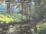 un tableau représentant un ruisseau traversant une zone boisée