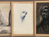 three black and white drawings of a woman and a man in a city