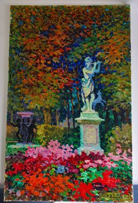 Pierre Boudet — Huile sur toile 'Parc de Versailles, le joueur de flûte'