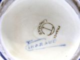 a close up of a blue and white plate with a picture on it
