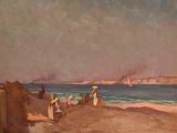 une peinture de personnes sur la plage au bord de l'eau