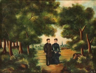 tableau représentant deux hommes marchant sur un sentier dans une zone boisée