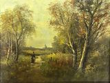painting of a man riding a horse down a dirt road