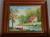 a picture of a painting of a house by the water