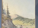 painting of two people in a boat on a lake with mountains in the background