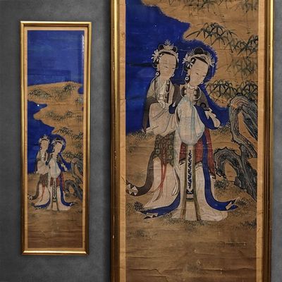 two framed paintings of a man and a woman on a horse