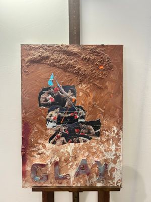 a painting of a man riding a horse on an easel