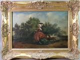 tableau représentant une femme avec un chien dans un paysage arboré