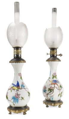 paire de lampes en porcelaine ornées de motifs d'oiseaux et de fleurs peints