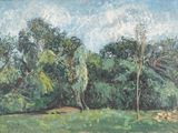 une peinture à l'huile représentant un champ avec des arbres et de l'herbe au premier plan