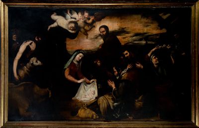 painting of a group of people standing around a painting of jesus on the cross
