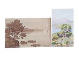 two pictures of a painting of a mountain and a tree