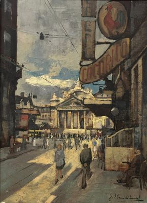 a painting of a city street with people walking on it