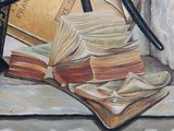 a painting of a purse and some books on a ledge