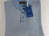 a polo shirt with a blue and white pattern on the collar
