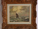 une peinture à l'huile représentant un voilier en mer par temps nuageux