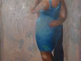 une peinture à l'huile représentant un homme et une femme en robe bleue