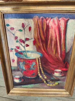 painting of a still life of a vase with flowers in it