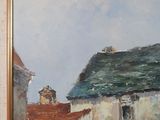 a painting of a cow standing in front of a building